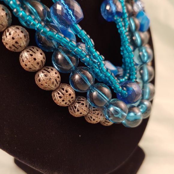 Multi-Strand Layered Beaded Necklace Blue Silver 5 Strands 15"-18" - Picture 2 of 8